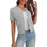VOIANLIMO Women's Sweater Cropped Knit Long Sleeve Cardigan Lightweight Bolero Short Shrugs V-Neck Button up Tops