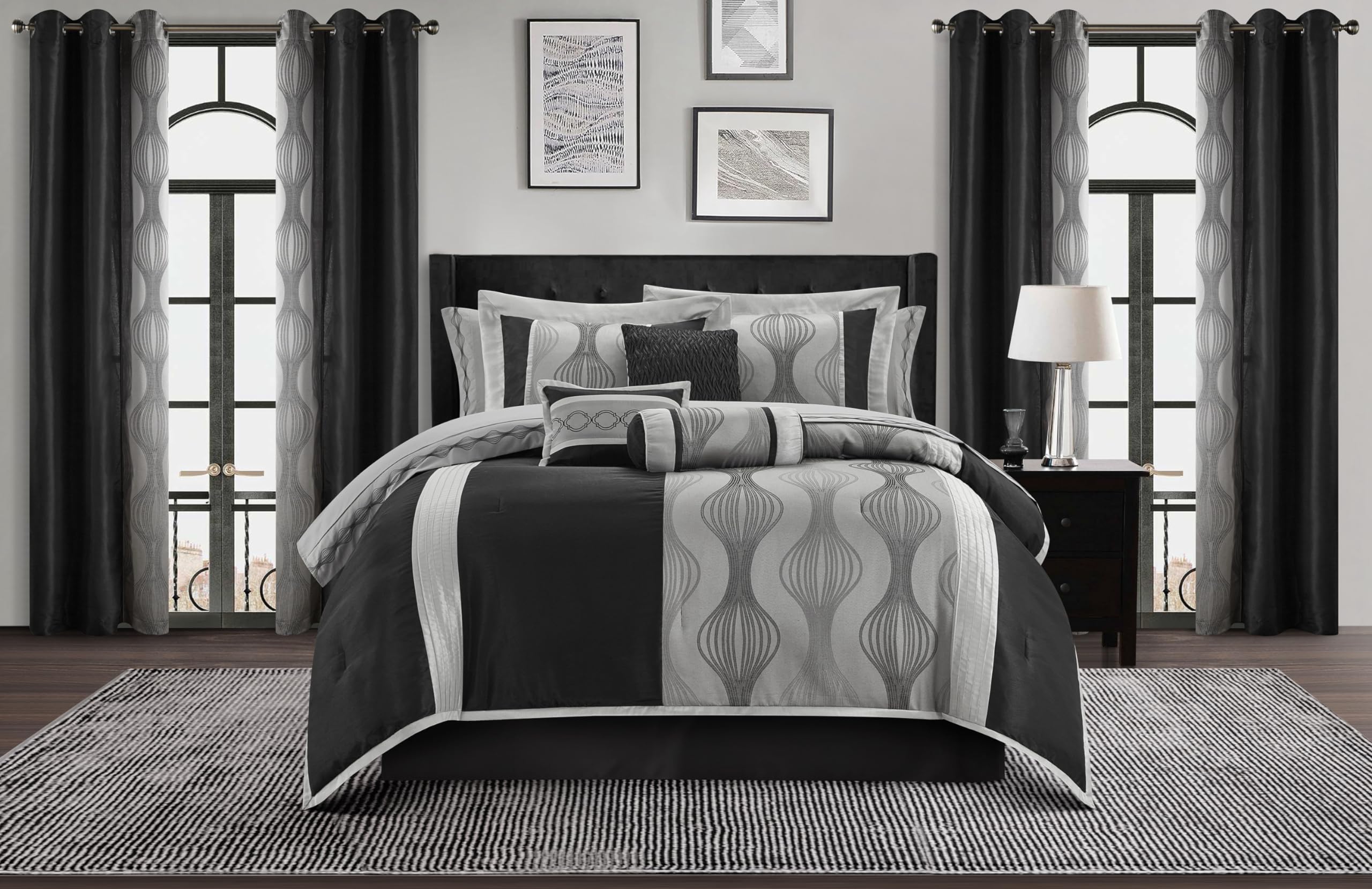 Stratford Park Elegant Black and Silver Comforter Set Queen Size, Striped,15 Piece Room-in-A-Bag, Jacquard Bedding Set, All Season, Matching Decorative Pillows, Pillow Sham, Curtains