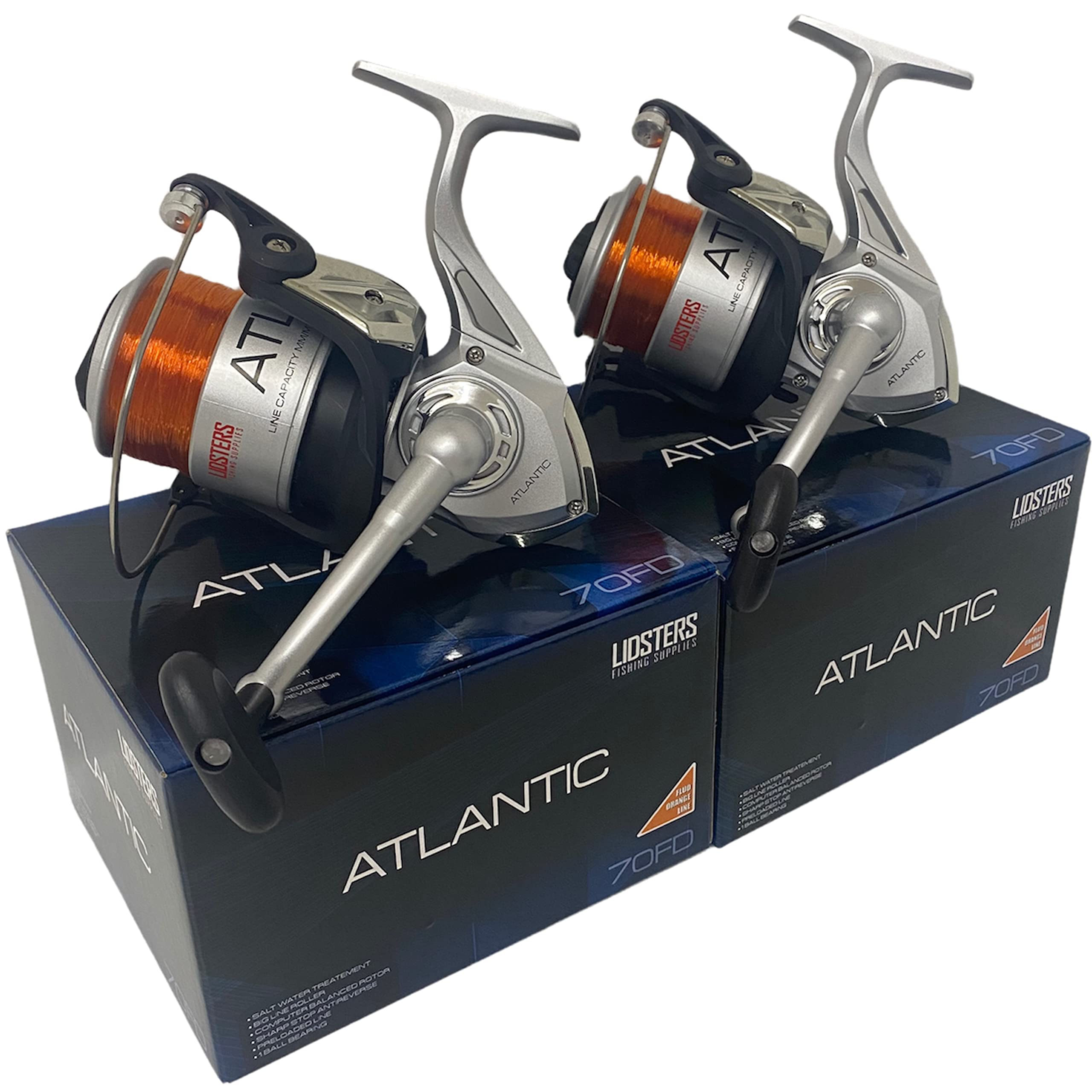 2 NEW LARGE ATLANTIC 7000 FD SEA FISHING LIDSTERS BEACH PIER REEL ORANGE LINE 70