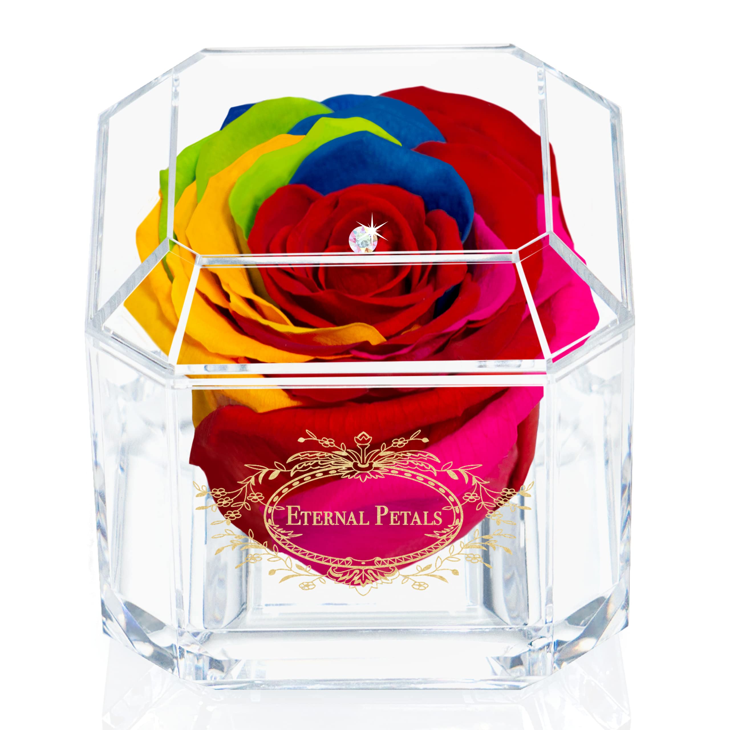 A 100% Real Rose That Lasts Years - Eternal Petals, Handmade in UK, Flowers Delivery Next Day Prime UK – Gold Solo with A Multicolour Crystal (Rainbow)