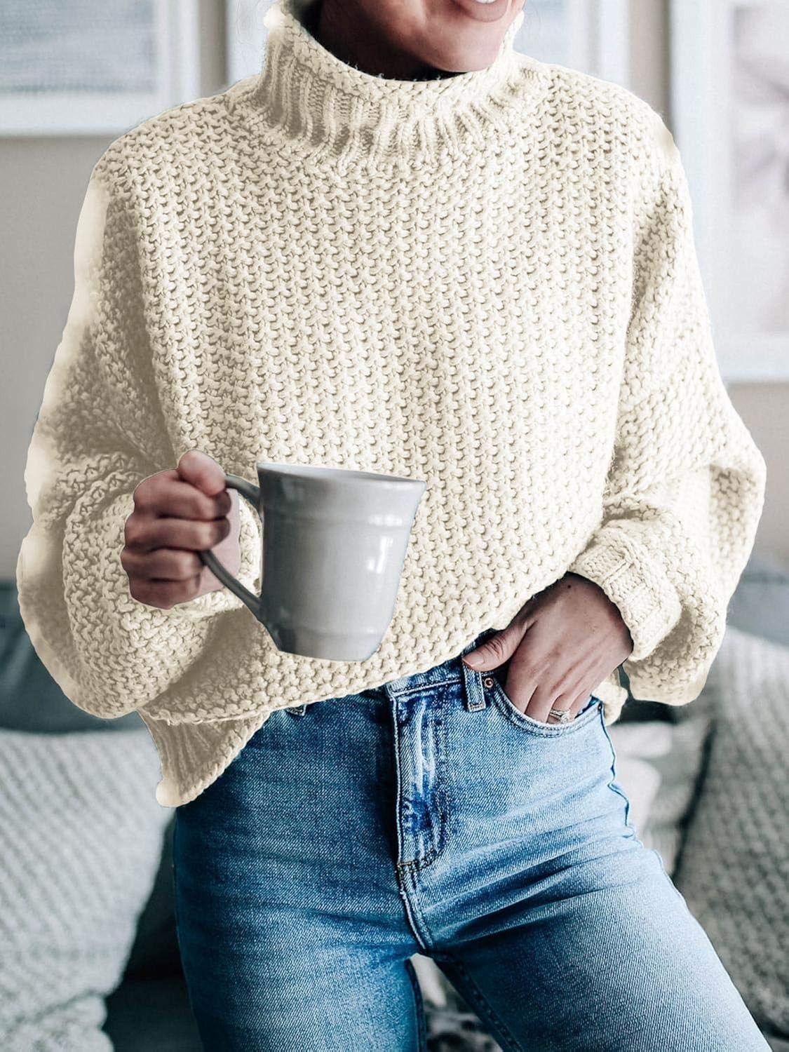 Saodimallsu Womens Turtleneck Oversized Sweaters Batwing Long Sleeve Pullover Loose Chunky Knit Jumper at  Women’s Clothing store