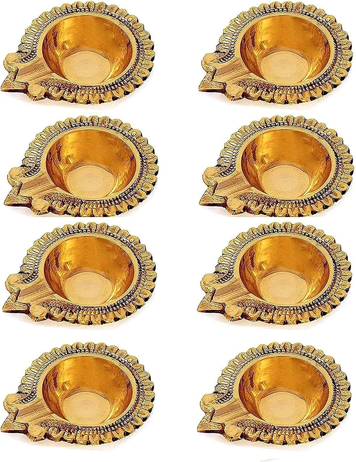 Oil Lamps & Accessories - SATVIK 8 Pc Lakshmi Deepak for Diwali Decoration. Handmade Oil Lamp Golden Engraved Made of Virgin Brass Metal Vilakku for Puja Pooja. Traditional Indian Deepawali Housewarming Return Gift Items