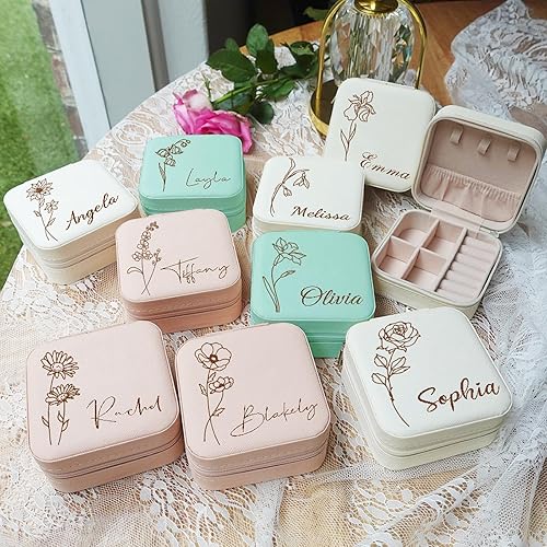 Yofair Personalized Jewelry Box with Birth Flower Bridesmaid Gifts