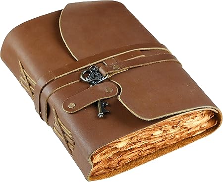 Amazon レザージャーナル ヴィンテージ レザー バウンドジャーナル レディース メンズ ハンドメイド ヴィンテージ デックル エッジ ペーパー ヴィンテージ キー留め シャドウ レザー スケッチブック ブラウン 8インチ X 6インチ ノート メモ帳 文房具