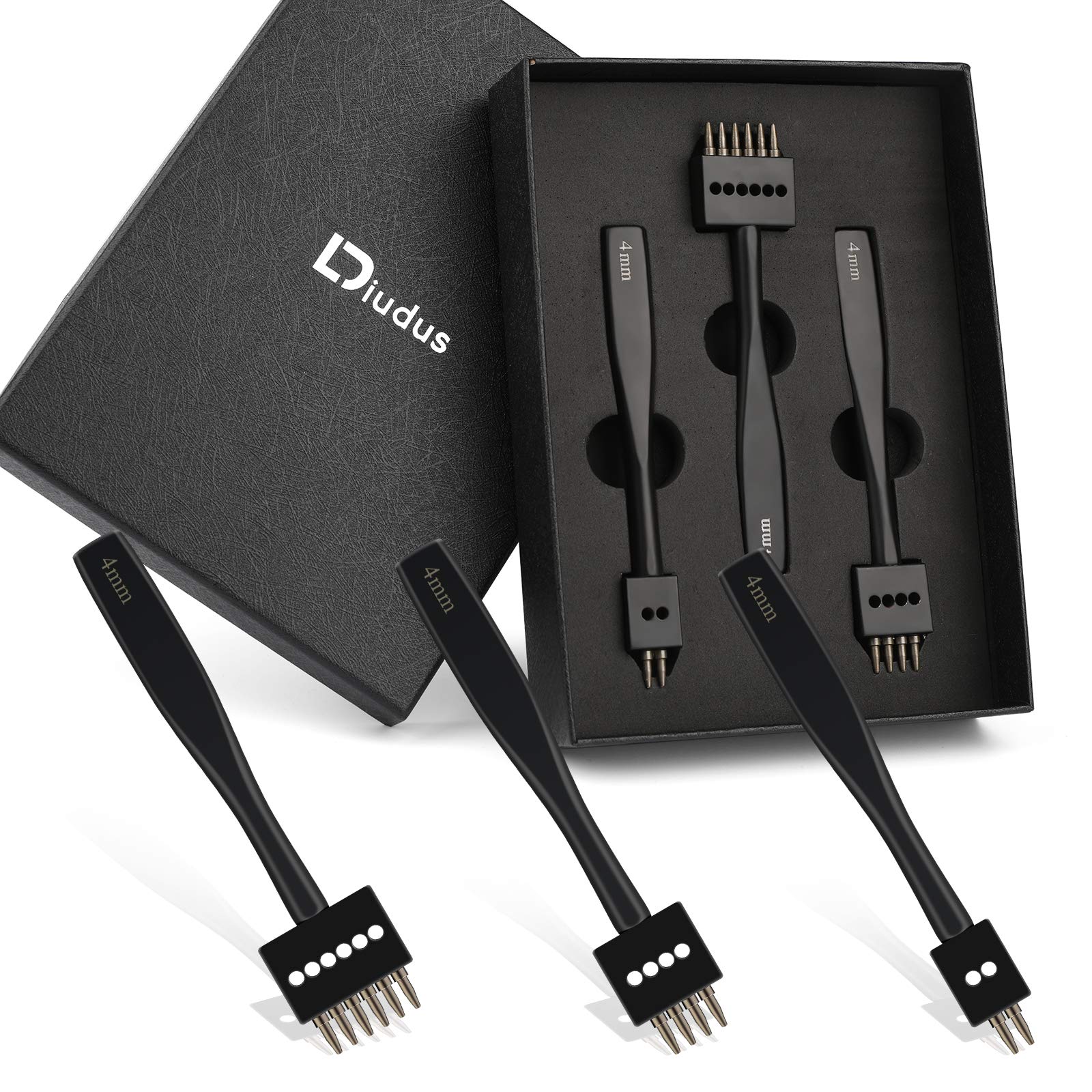 DIUDUS Prong Punch, Black Leather Punch Tool 4mm, 2/4/6 Lacing Stitching Punch, Round Hole Prong Stitching Chisel Set Leather Working Tools for Leathercraft
