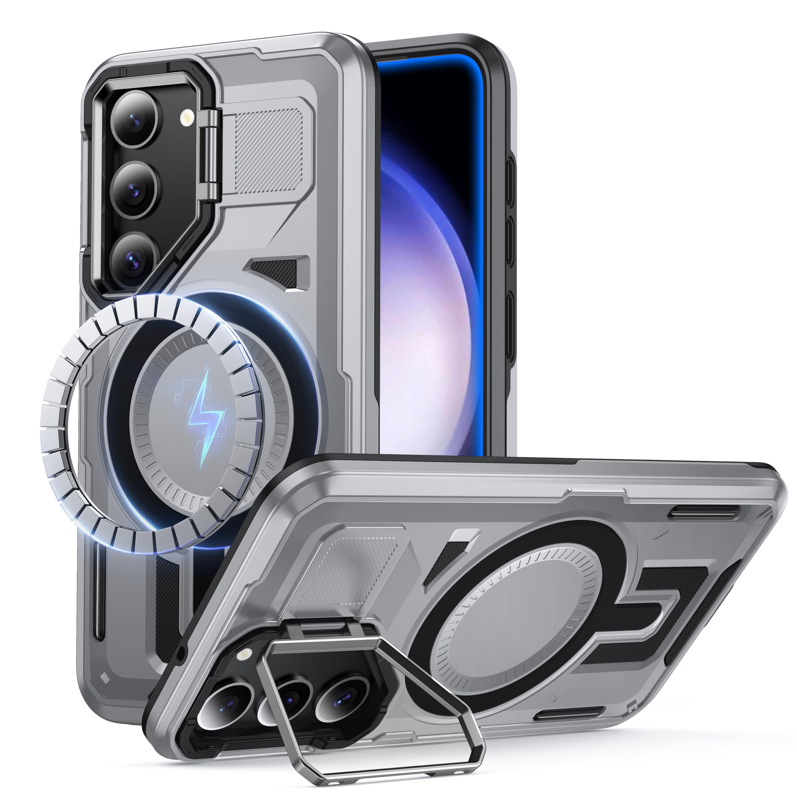 FNDMIL for Samsung Galaxy S23 Plus Case Compatible with MagSafe[Built-in Camera Stand][Military-Grade Shockproof][Dual Layer Protection] Heavy Duty Outdoor Rugged Bumper for Galaxy S23+ Case,Grey
