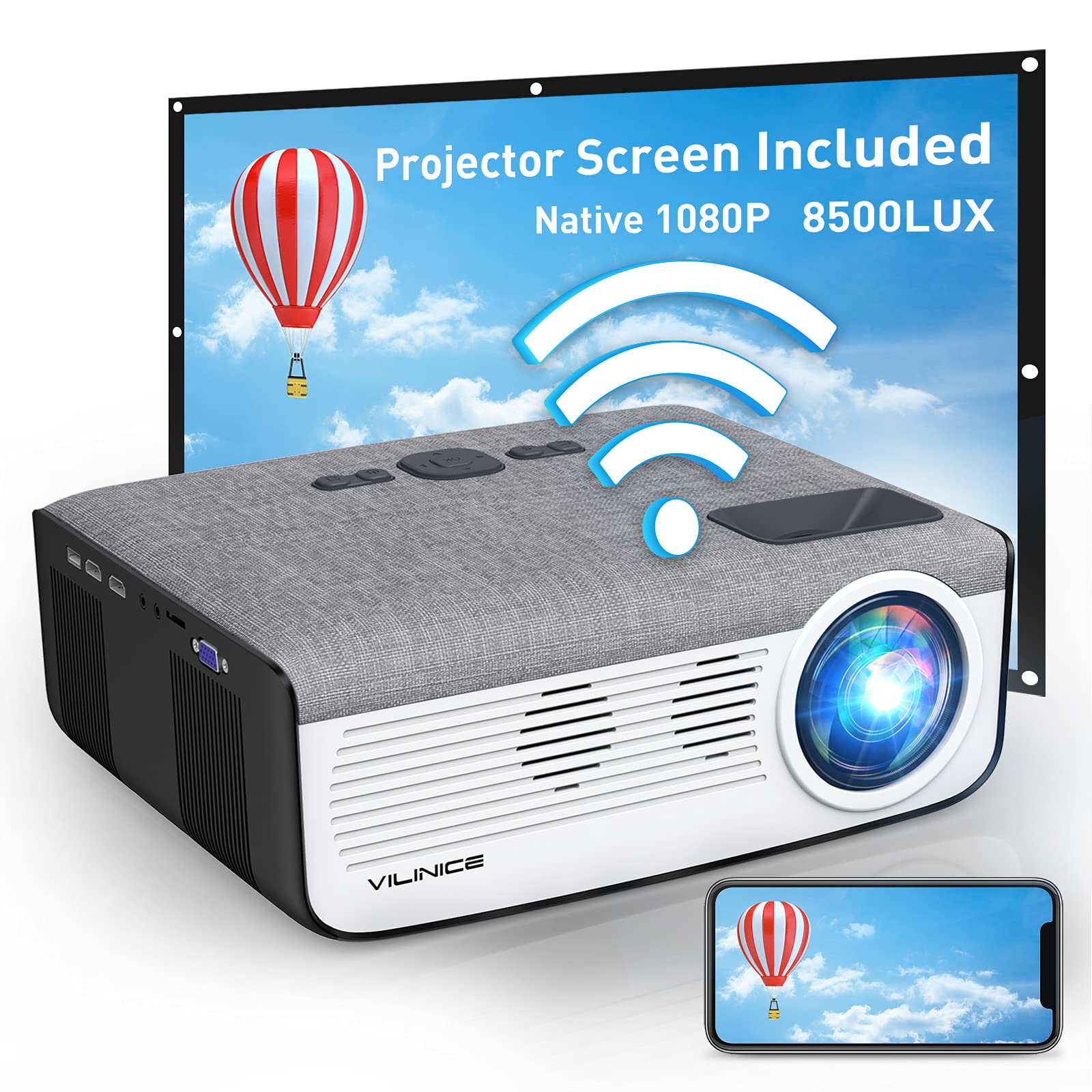 Photo 1 of WiFi Projector with 100" Projector Screen, VILINICE Native 1080p 8500L Bluetooth Projector 4k Supported Movie Projector 100,000 Life Hours Compatible with TV Stick, Roku,HDMI,USB,TF,VGA,AUX,AV