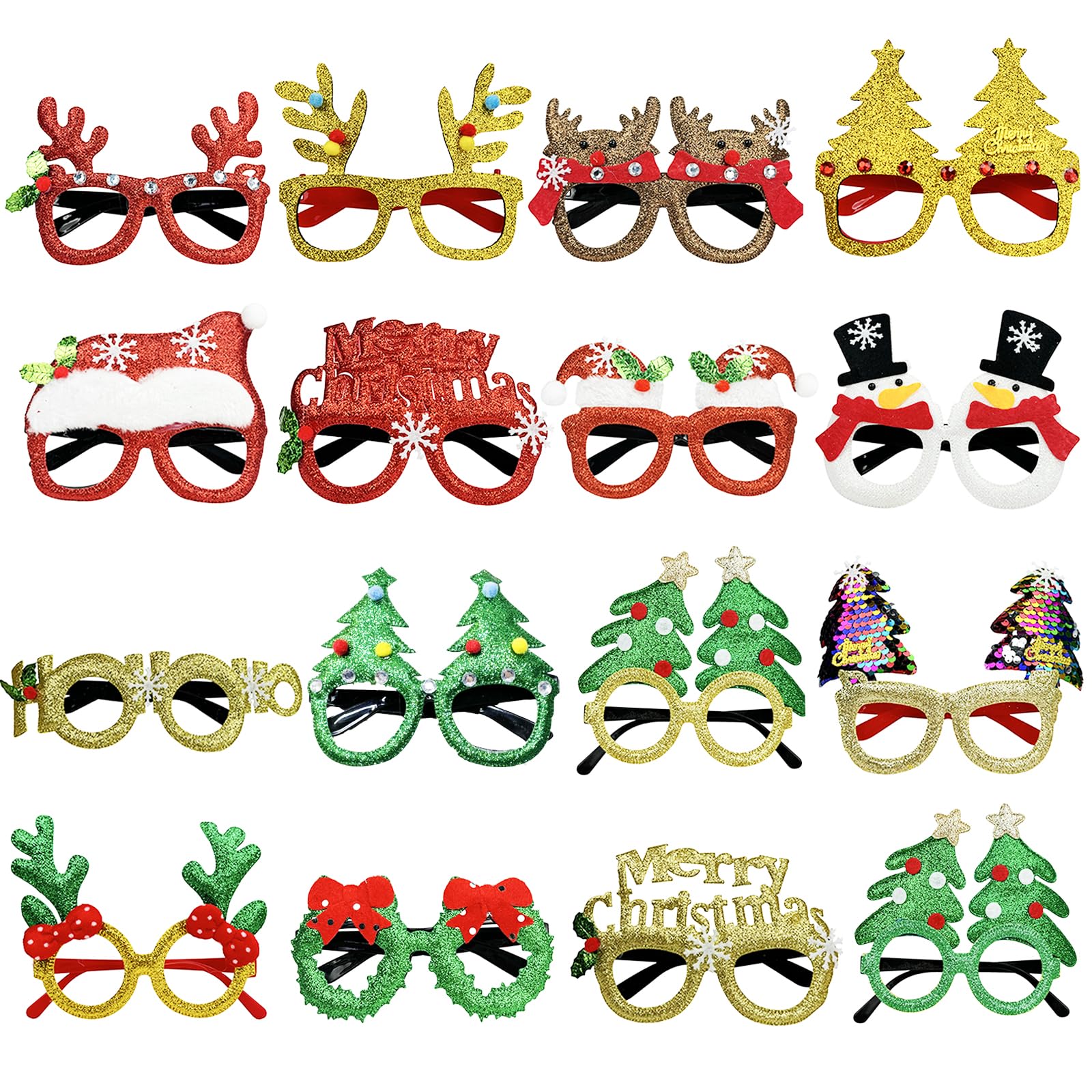 16Pcs Christmas Glasses Novelty Decorations for Kids & Adults,Xmas Glitter Eyeglasses Frame,Favours Masks Accessories for Masquerade Party,Photo Booth,Dress Costume Props Supplies,Assorted Styles