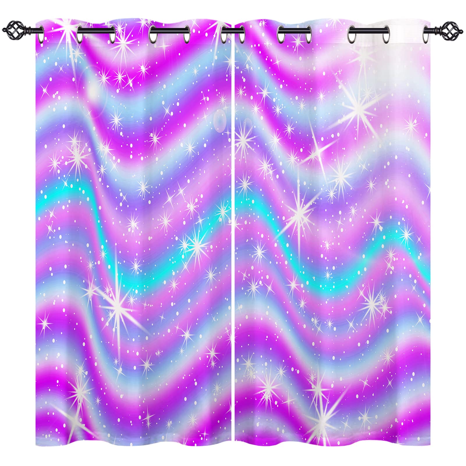 ANHOPE Colorful Curtains Eyelet Soft Thermal Insulated Ring Top 80% Blackout Curtains with Rainbow Galaxy Stars Print Pattern Window Drapes for Kids Girls Bedroom Living Room 46 x 90 Inch 2 Panels