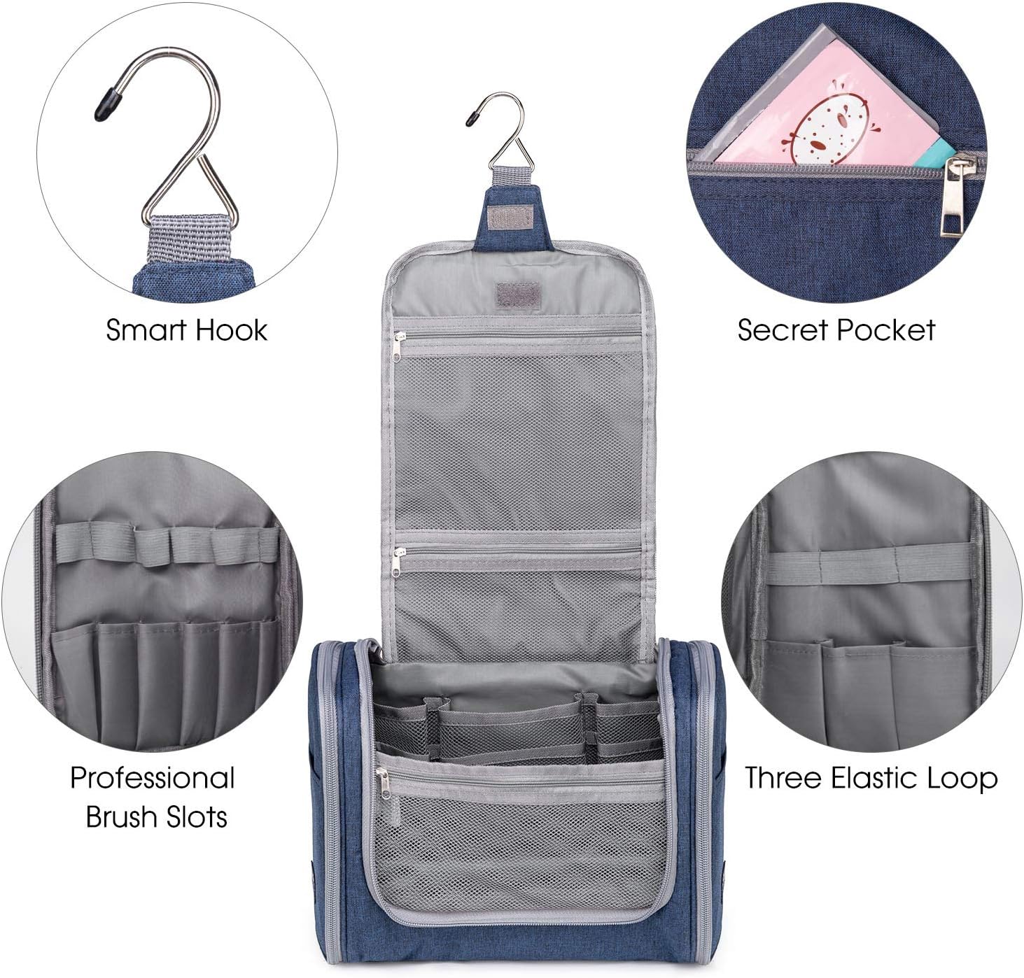 Large Hanging Toiletry Wash Bag Travel Makeup Cosmetic Organizer for Men Women by WANDF (Denim Navy Blue) - Image 5
