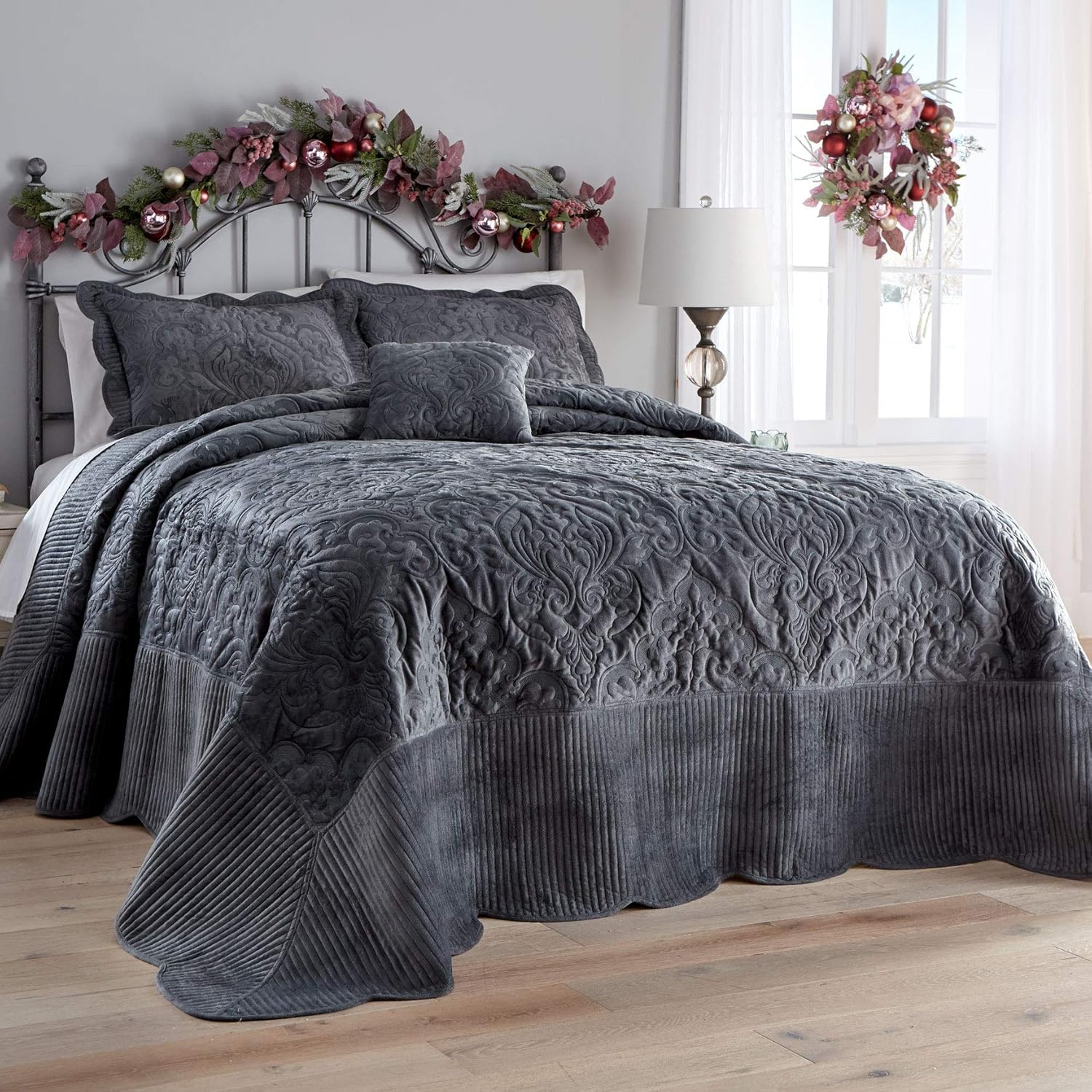 Gray BrylaneHome Amelia Velour Bedspread Queen Bedspreads, Coverlets