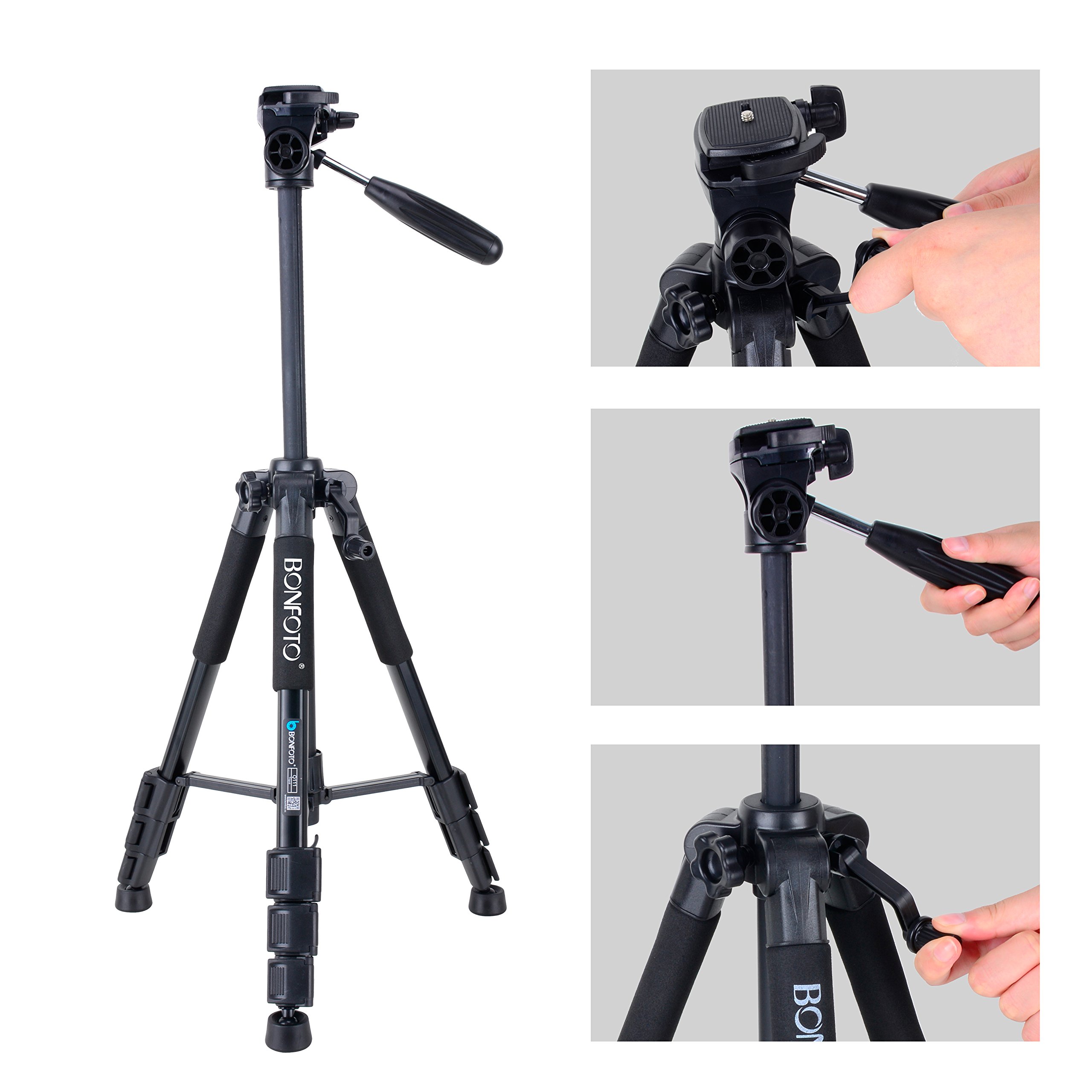 BONFOTO Q111 55-Inch Professional Compact Aluminum Camera Tripod Camcorder Stand with Pan Head Plate and Phone Holder Mount for DSLR Canon Nikon Sony DV Video and Smartphones(Black)
