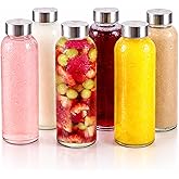 Brieftons 18 Oz Clear Borosilicate Glass Water Bottles With Caps, 6 Pack, Heat Resistant, Slim, Easy to Store, Reusable Drinking Bottle, Sauce Jar, Juice Beverage Container, With Leakproof Lids