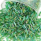 Soeoy 4000 Pcs Oil Slick Green Glass Bugle Beads, 2 x 7 mm Embroidery Beads, Small Long Tube Seed Beads for Embroidery Craft Jewelry Making