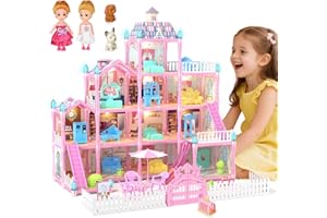 Randhar Doll House for Girls with Lights, 3 Dolls, 4 Floors -13 Rooms, 7 Sets of Furniture and Accessories, Design and Build Gift for 3 4 5 6 7 8+ Year Old Girls