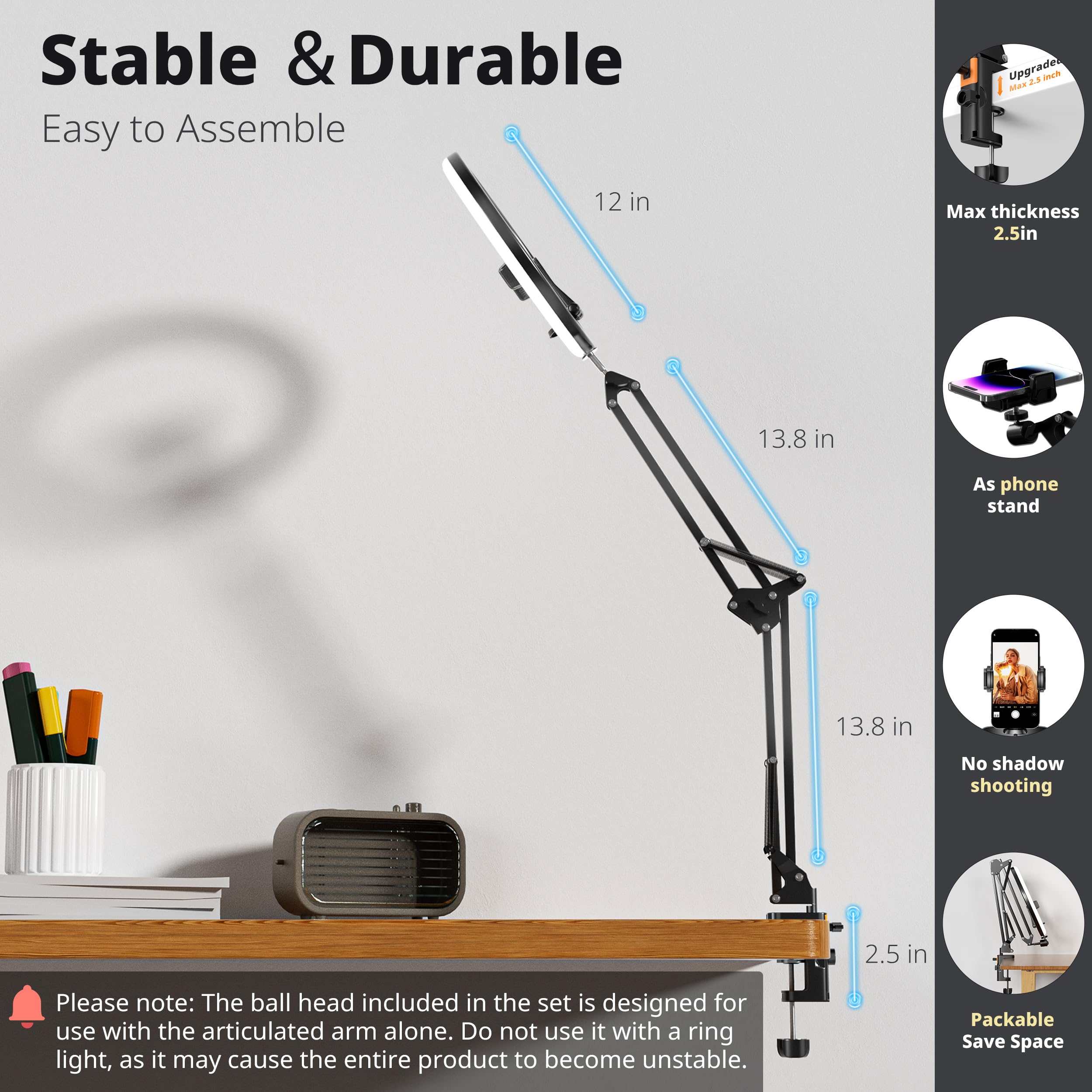 UBeesize 12’’ Ring Light with Overhead Phone Mount, LED Selfie Light with Stand and Phone Holder for iPhone and Laptop, Desk Light for Video Recording, Zoom Meeting, Live Streaming, Tiktok, YouTube