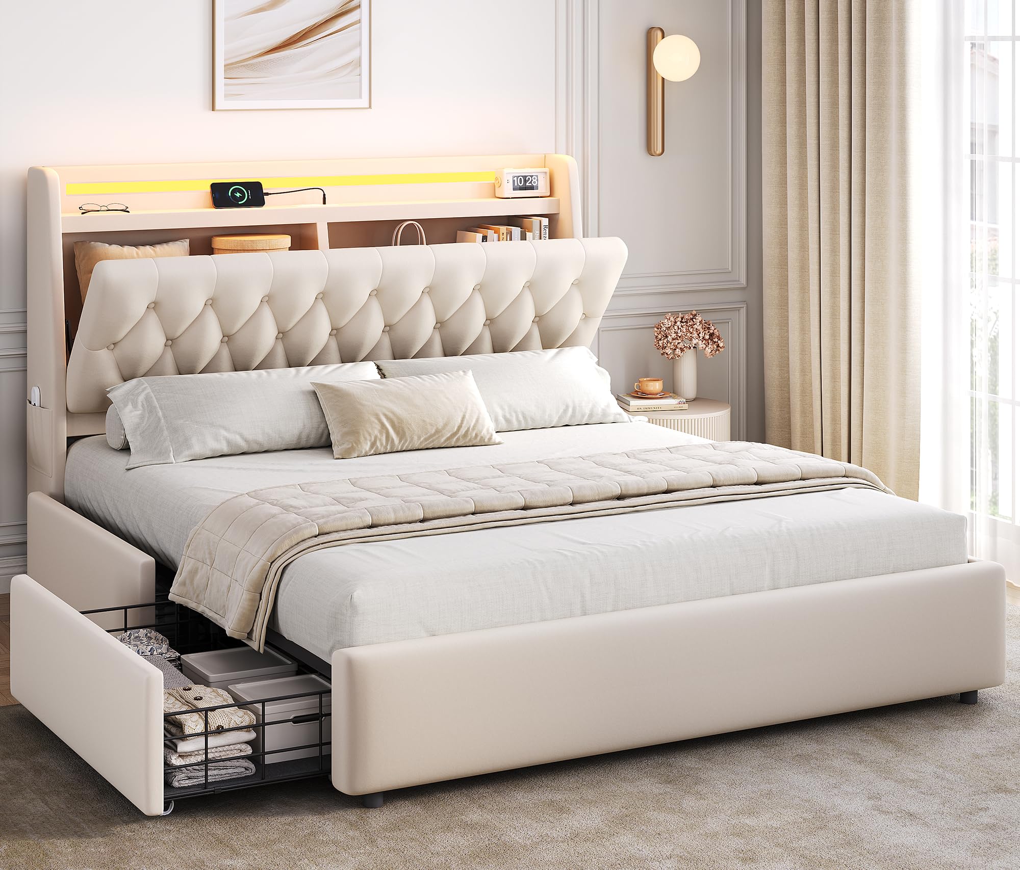 Photo 1 of **PARTIAL SET, ONLY 1 OF 2 BOXES**  Queen LED Velvet Bed Frame with 2 Storage Drawers&Hidden Headboard, Upholstered Platform Bed with Charging Station&Button Tufted Design, Wooden Slats Support, Box Spring Optional, Easy Assembly, Beige