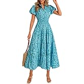 Wenrine Womens Summer Floral Maxi Dress Casual V Neck Puff Short Sleeve Smocked Loose Boho Beach Dresses with Pockets