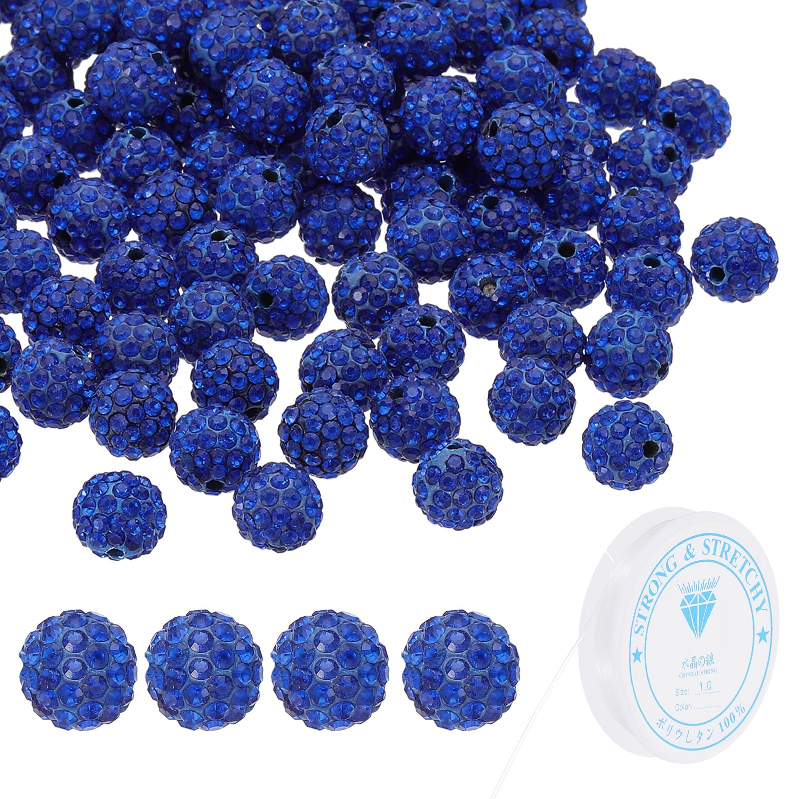 PATIKIL 10mm Rhinestone Clay Beads for Jewelry Making, 120 Pack Round Ball Polymer Clay Crystal Charm Beads with Elastic String for Craft Decor Necklace Chain Bracelets DIY, Blue