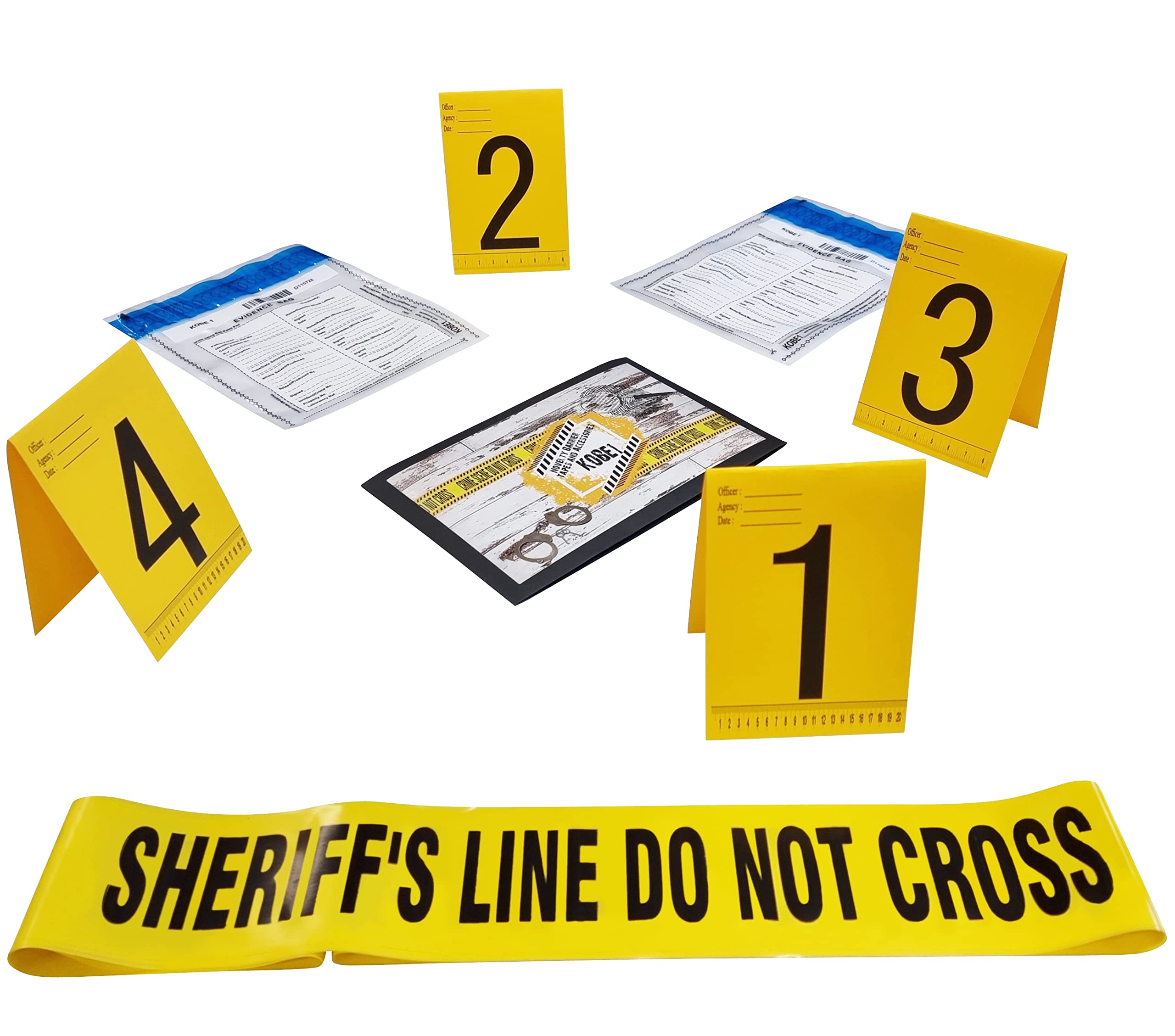 Kobe1 Sheriff's Line Do Not Cross Barrier Tape (6m), Tamper Proof Evidence Collection Bags (x2), Photo Evidence Markers Frames Tents.Cards:1-4 (7cm x 4cm).