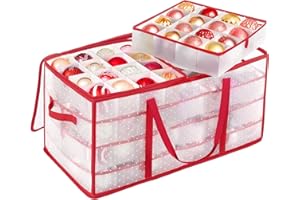 SONGMICS Large Christmas Ornament Storage Boxes, 3-Inch Balls, 8 Trays, 128 Slots, Plastic Christmas Storage Container with Lid, Dual Zippers, Side Handles, Cherry Red URFB029T01