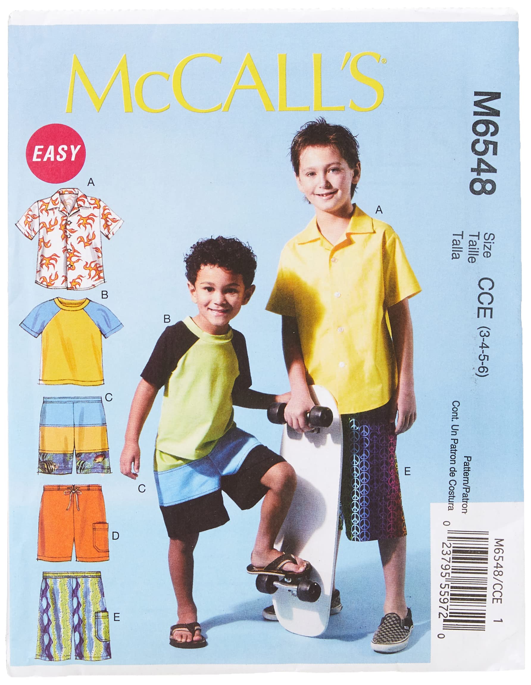 McCall's Patterns M6548 Size CCE 3-4-5-6 Children's/ Boys' Shirt, Top and Shorts, Pack of 1, White