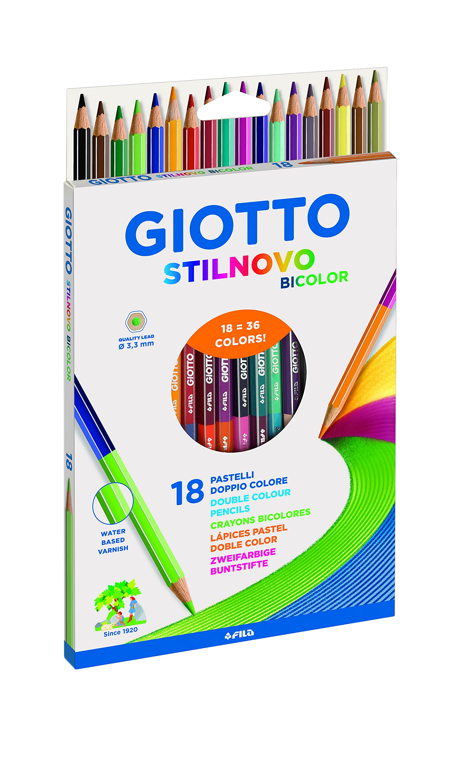 GIOTTO Stilnovo Bicolor Double Colour Pencils, 18 Assorted Colours, For Children, Parties and Schools