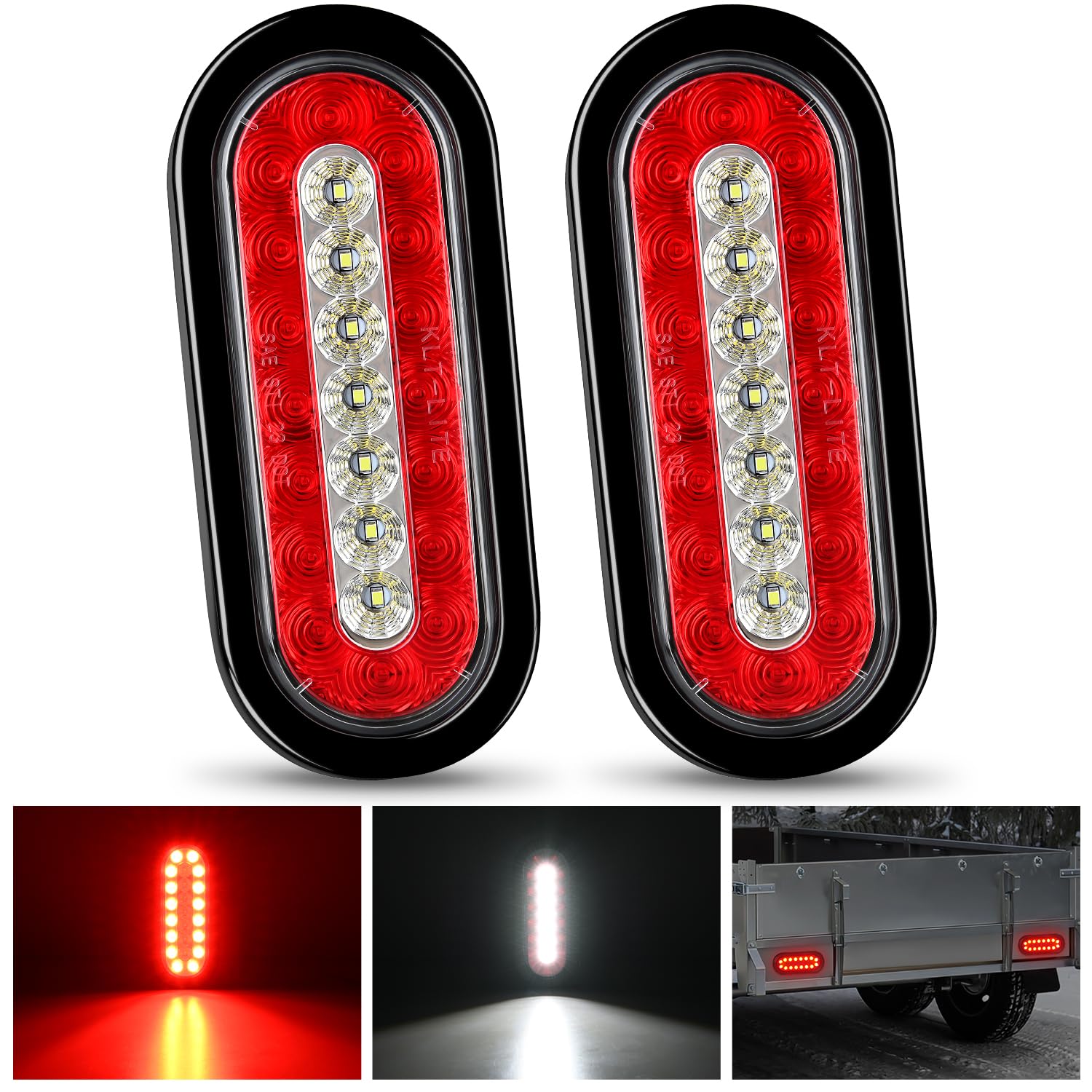 Photo 1 of Nilight 2PCS 6Inch Oval LED Trailer Tail Lights Red White 23LEDs w/Flush Surface Mount Grommets IP67 Waterproof Stop Brake Running Reverse Backup Light for Trucks RV