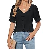 Blooming Jelly Womens Dressy Casual Blouse Business Short Sleeve Shirt Ruffle Pleated V Neck Work Summer Tops 2025