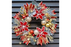 Christmas Wreaths for Front Door with Lights, Soomeir 24 Inch Outdoor Christmas Wreath with Ball Ornaments and Poinsettias, Large Prelit Wreath for Holiday Winter Outdoor Indoor Xmas