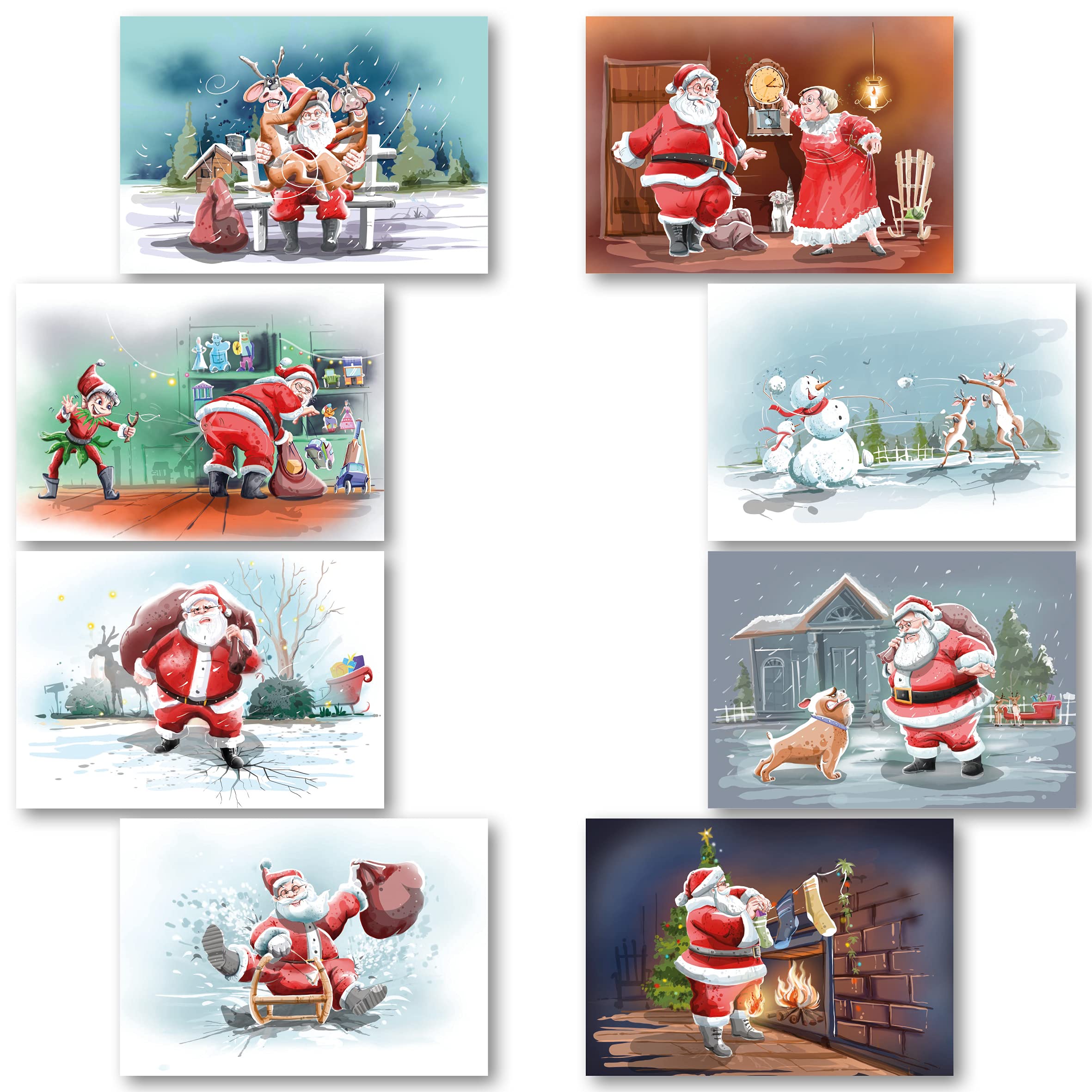 Charity Christmas Cards Pack of 24. Each Christmas Card Multipack has 8 Different Fun Santa Designs. Ecofriendly and UK Made. Verse Inside. Large 172 x 122mm Card Size.