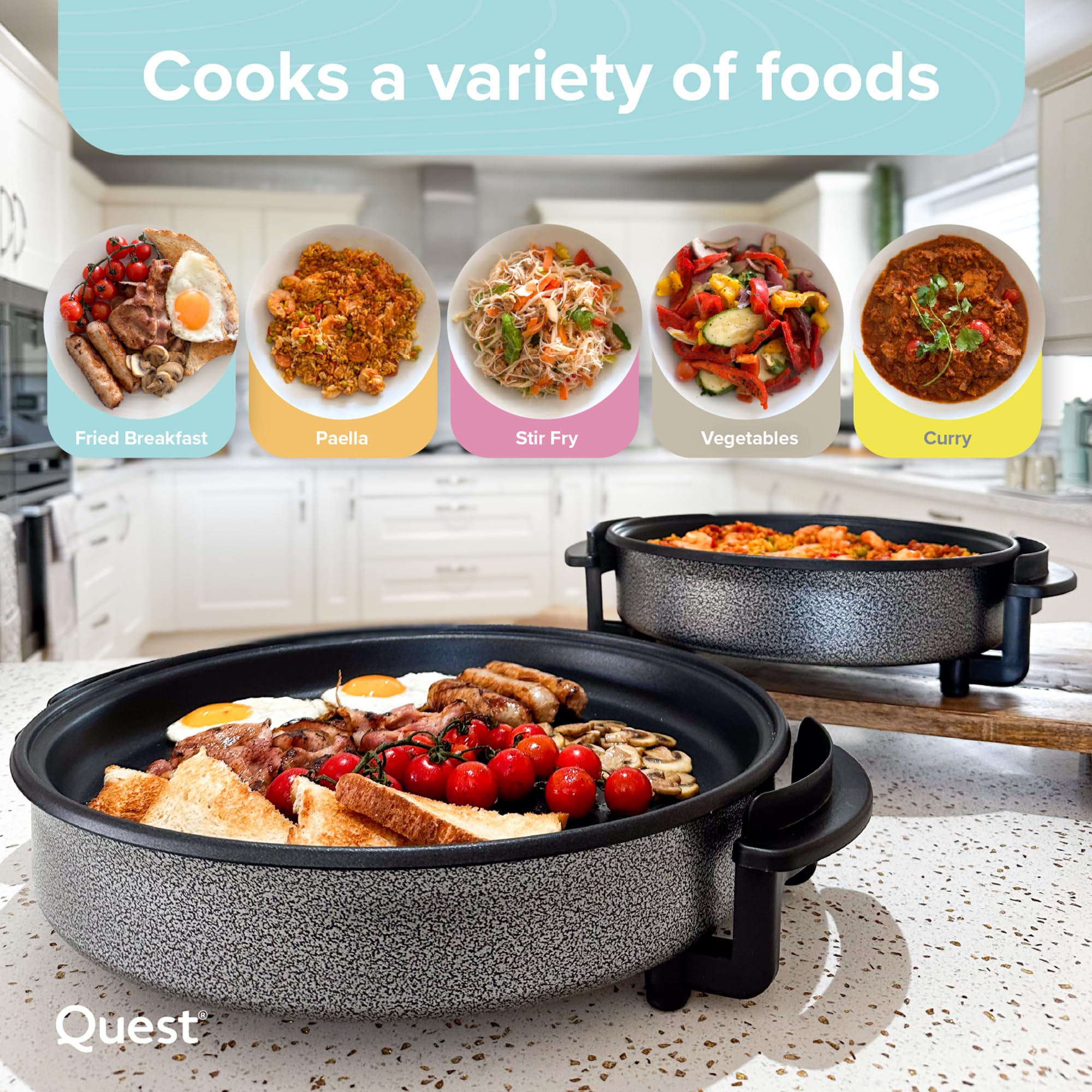 Quest 35410 30cm Multi-Function Electric Cooker Pan with Lid/Adjustable Thermostatic Control/Non-Stick Aluminium / 30 x 30cm Surface/Detachable Power Cable For Serving