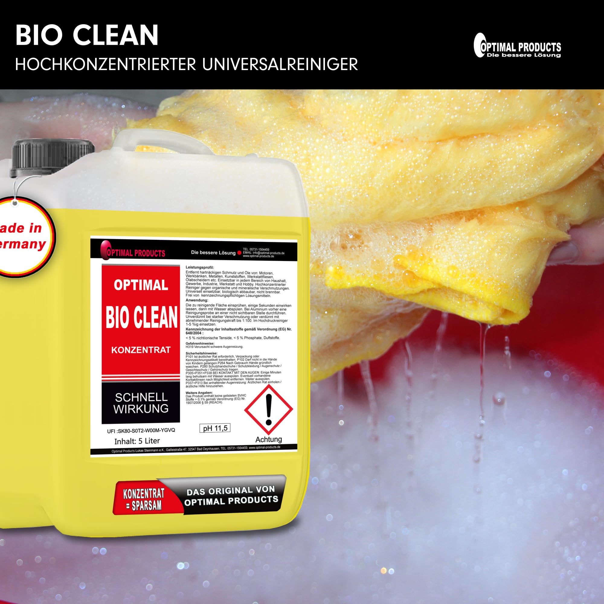 Optimal Products Allzweckreiniger Konzentrat Bio Clean I Putzmittel extra stark zur Entfernung von hartnäckigem Schmutz & Ölen an Motoren uvm. I 5L 4