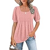 Zwurew Women's Summer Casual Puff Short Sleeve T-Shirts Square Neck Pleated Flowy Trendy Tunic Tops for Leggings S-2XL