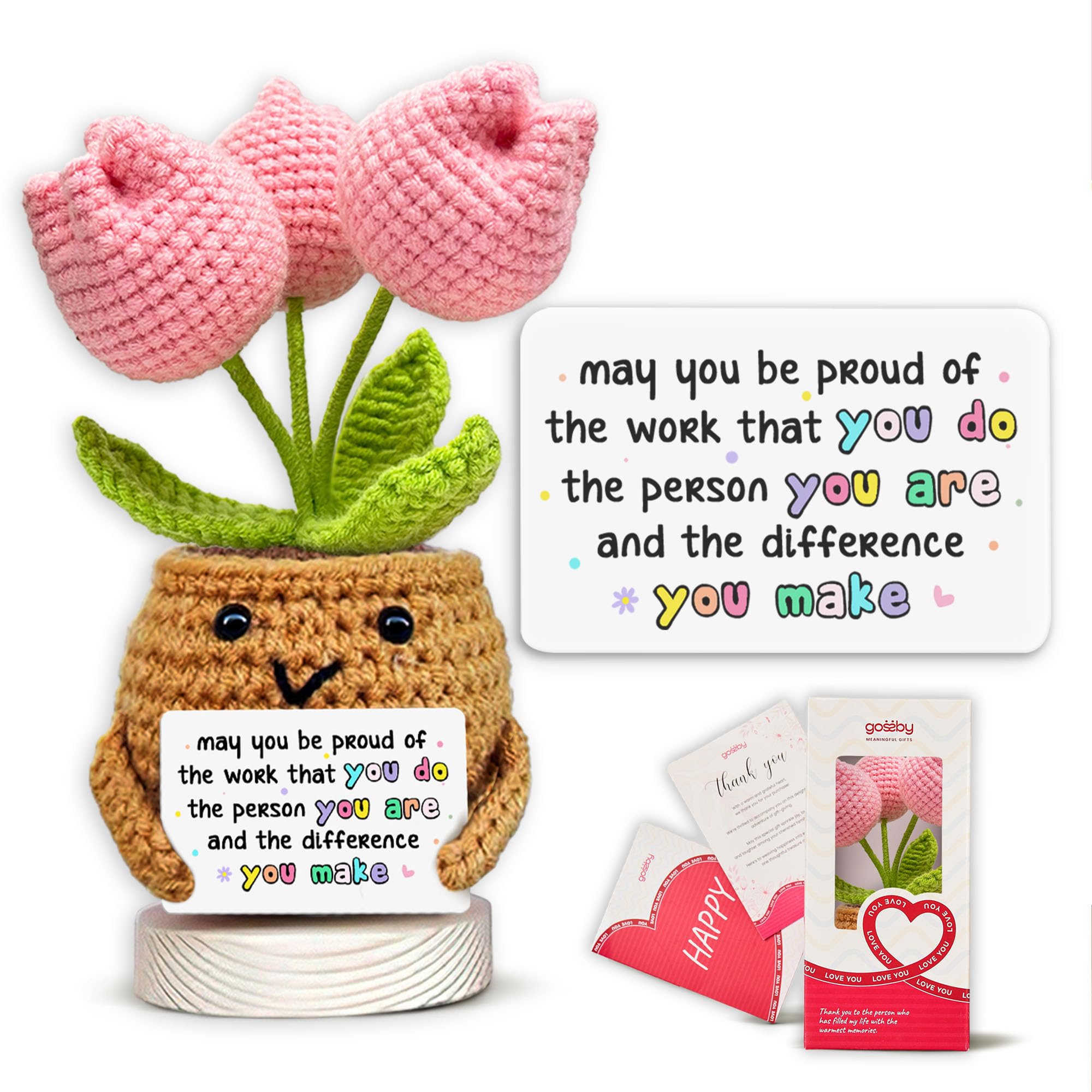 Photo 1 of Gossby Handmade Positive Tulip Flower Crochet - May You Proud of The Work That You Do - Inspirational Gift for Women - Positive Energy, Apreciation, Farewell, Retirement, Goodbye Gift for Coworker