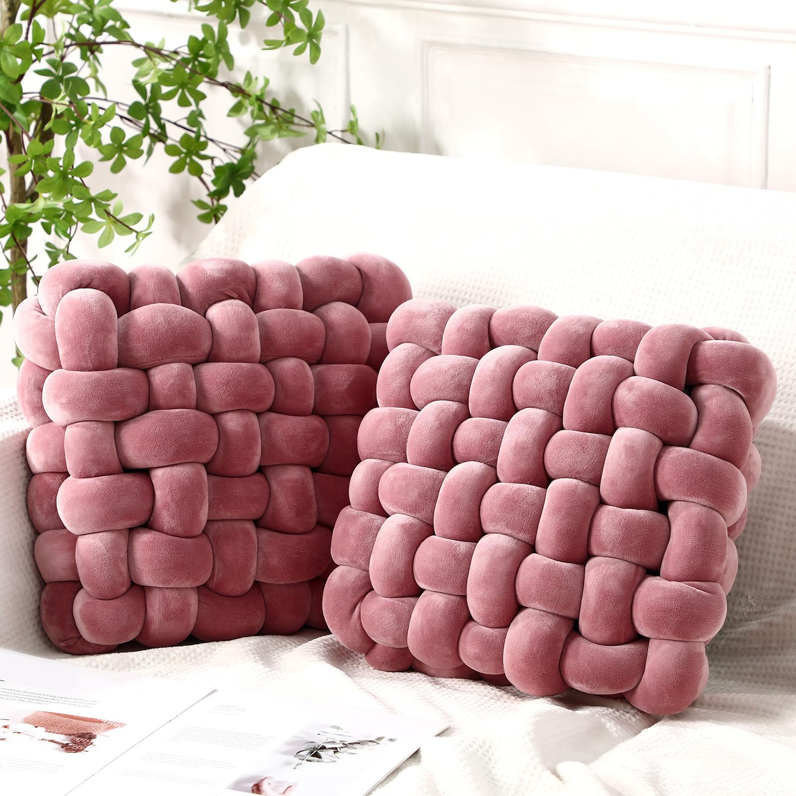 Photo 1 of ***1 PCCCSS*** Wenqik 2 Pcs Knot Pillows Square Knotted Plush Throws Soft Accent Pillows Decoration Cushion for Couch Home Office Living Room Bedroom Bed Sofa Decor, 12'' x 13''(Pink Violet,Crystal Velvet)