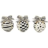 MACKENZIE-CHILDS Set of 3 Capiz Ball Ornaments, Christmas Tree Decorations Set, Black-and-White Courtly Noel