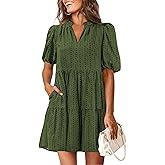 KIRUNDO Eyelet Summer Dresses for Women 2026 Mini Casual Hollow Out Short Sleeve Lace Tiered V Neck Shift Dress Pockets