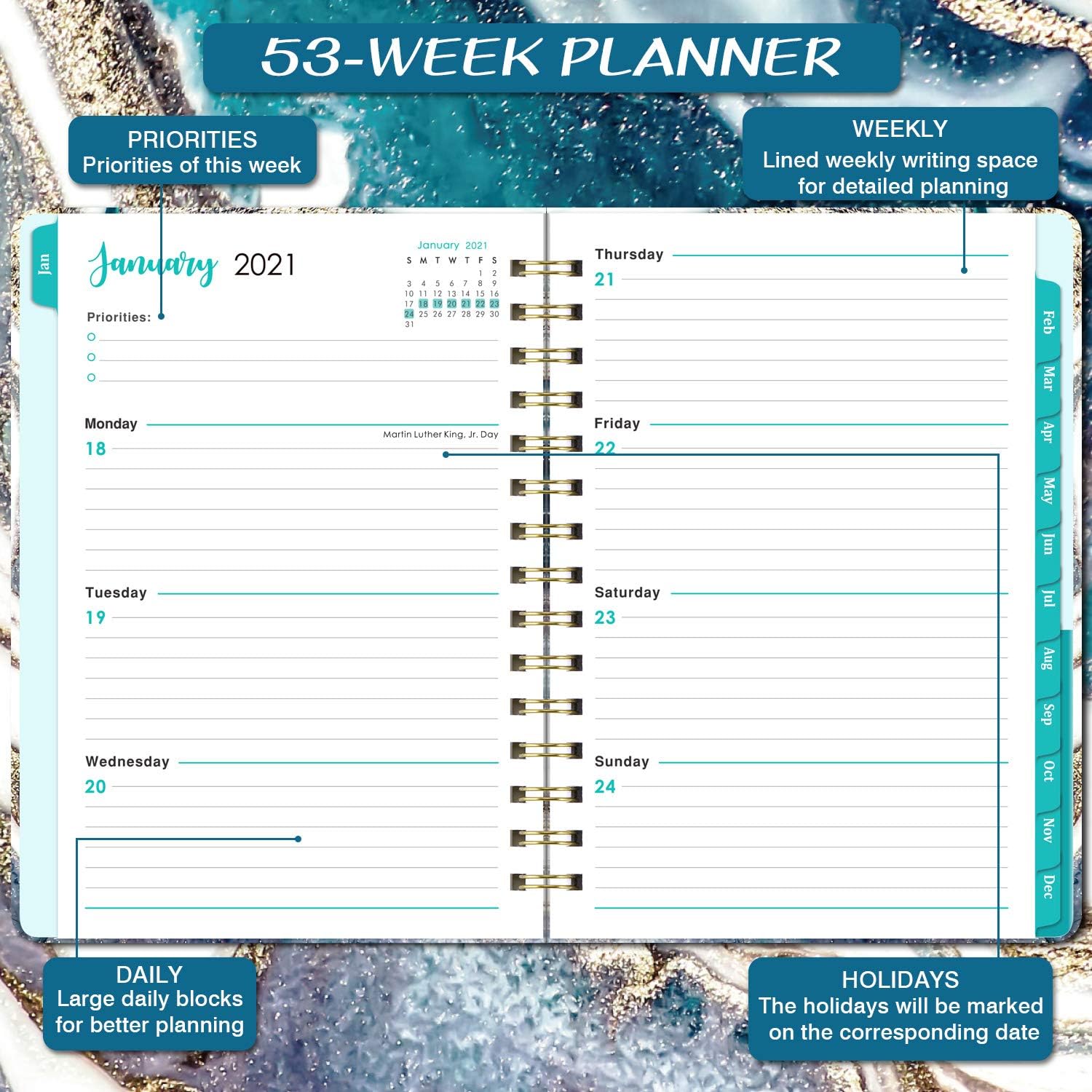 2021 Planner – Weekly Monthly Planner 2021 for January 2021 – December 2021, 6.4"x 8.5", Flexible Cover Planner with Elastic Closure, Coated Tabs, Inner Pocket : Office Products