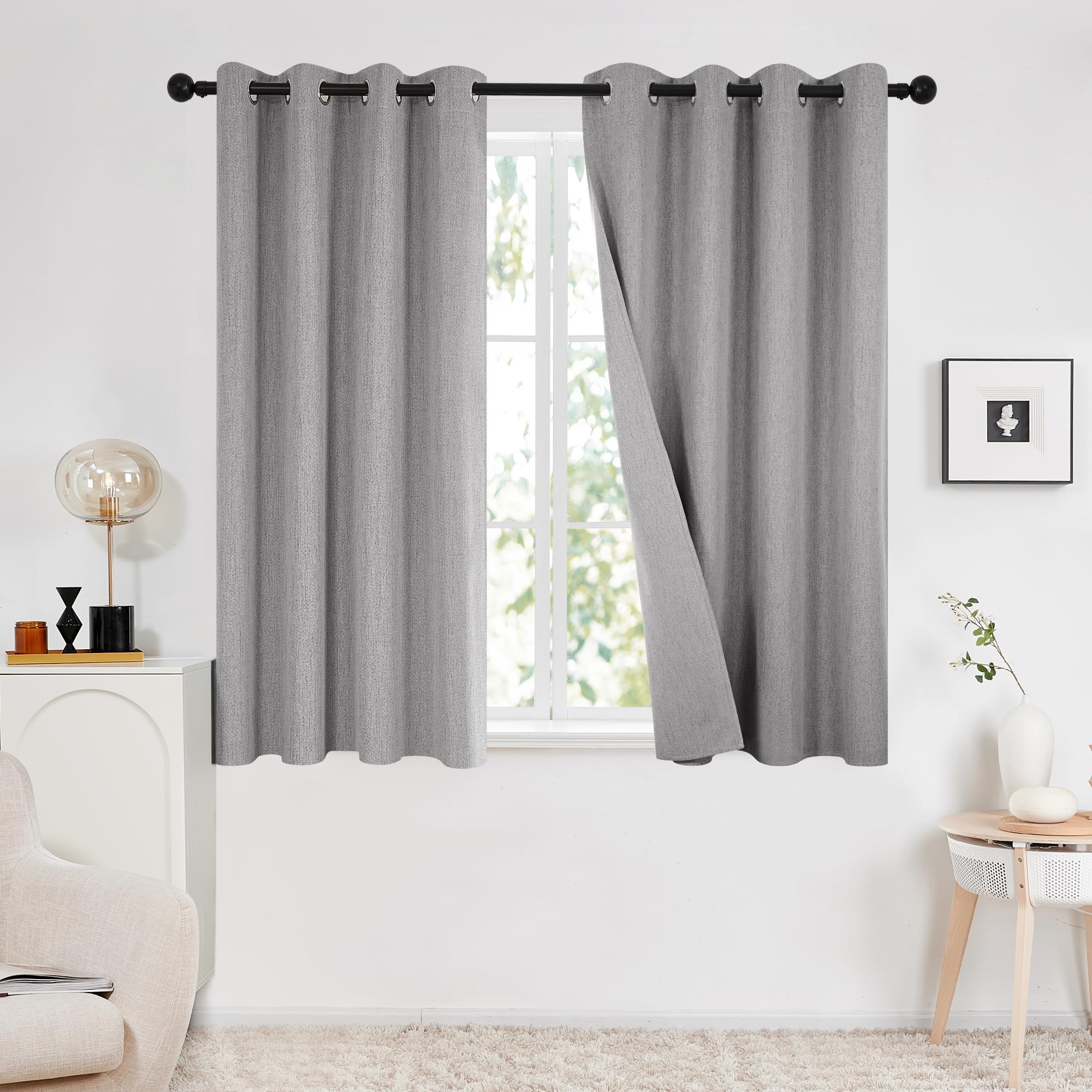 Deconovo Double-sided Faux Linen Grey 100% Blackout Curtains Eyelet Thermal Curtains for Kids Playhouse, Grey, 46x54 Inch(Width x Length), 2 Panels