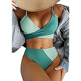 Falainetee Women's 2 Piece Colorblock High Waisted Wrap Spaghetti Strap Summer Swimsuit Bikini Set