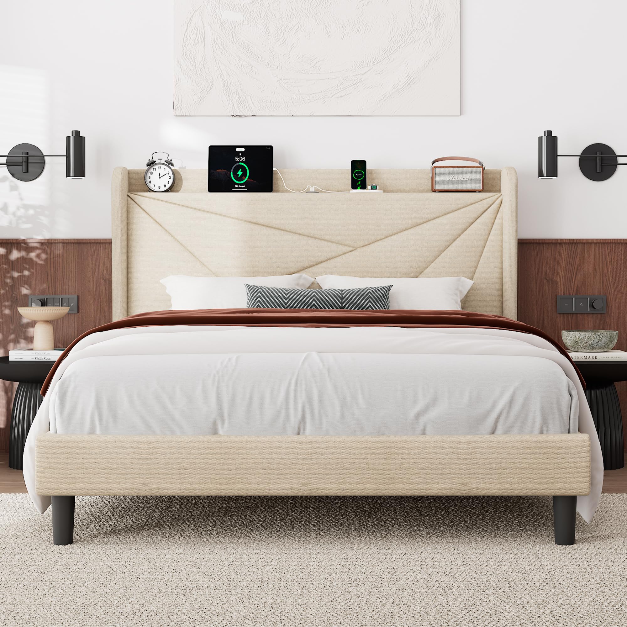 Photo 1 of ** NEW/ OPEN INSPECTION** Feonase Queen Size Bed Frame with Charging Station, Linen Upholstered Platform Bed Frame with Wingback Storage Headboard, Solid Wood Slats Support, No Box Spring Needed, Noise Free, Beige