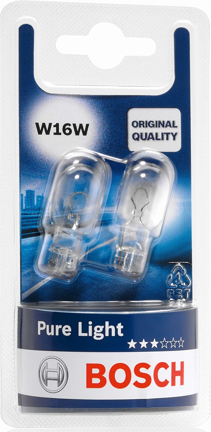 W16W Halogen Bulbs 2pcs 12V 16W W2, 1x9, 5d BOSCH PURE LIGHT 1987301049