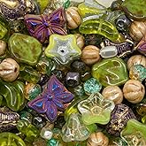 1.4oz (40g) Mix of Czech Glass Beads, Green Leaves and Flower Beads with Purple Butterfly Beads, Hand Made Set Kit, Green Purple Butterflies