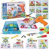 Montessori STEM Building Toys 223PCS Drill &amp; Tool Kit 2D 3D Blocks for Kids | 2-way power drill, 8 animal design cards, 2D/3D mosaic play, portable storage case, CPC certified non-toxic ABS, ages 3-10.