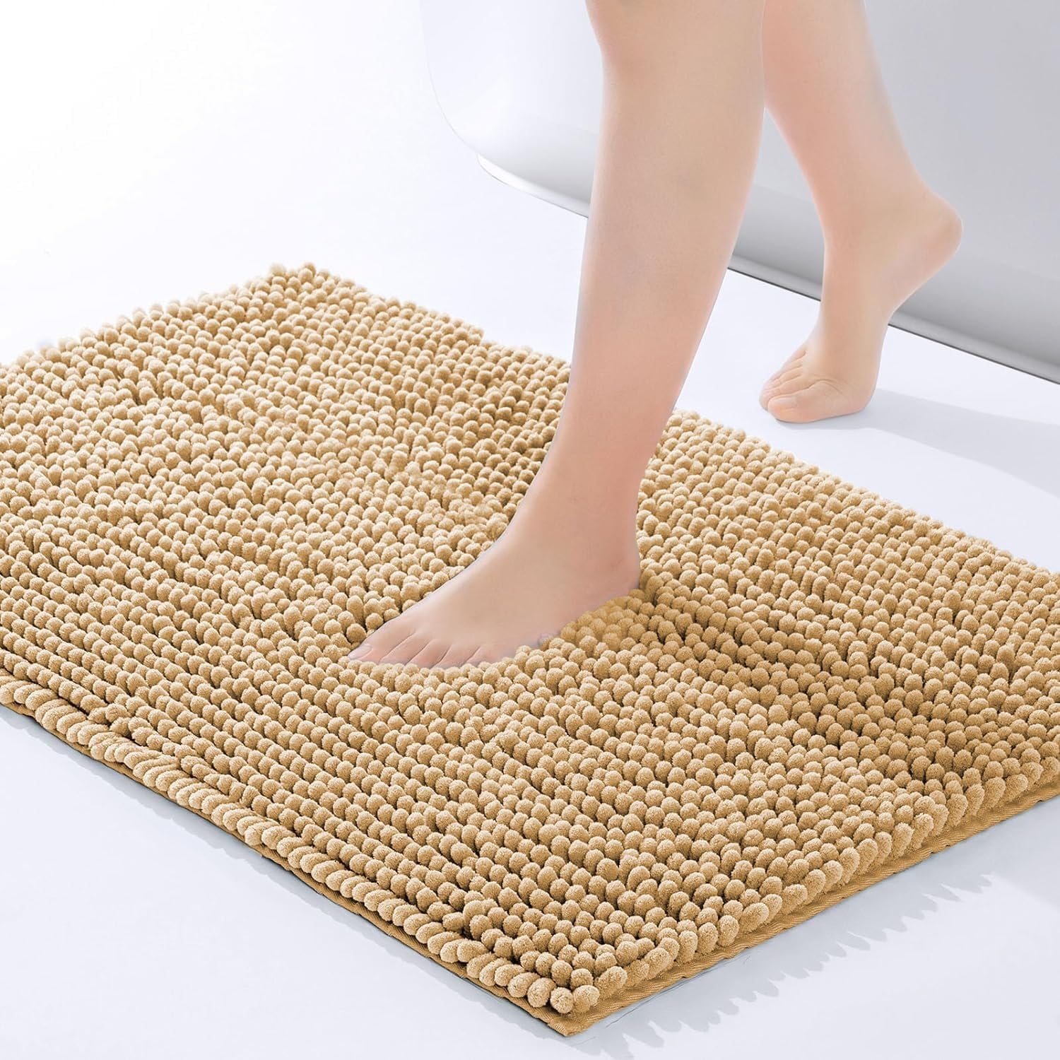 Moonlight Bedding Bath Mat Non Slip Anti Mould - Chenille Shower Mat Beige 40 x 60 cm Super Absorbent Bathroom Mat Machine Washable Extra Soft Fluffy Bathmat