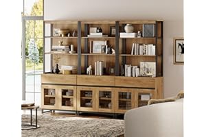 WAMPAT 3 PCS Modern 72" Tall Bookcase with 3 Drawers and Open Book Shelfs, Library Book Shelf with Storage Cabinet and Glass 
