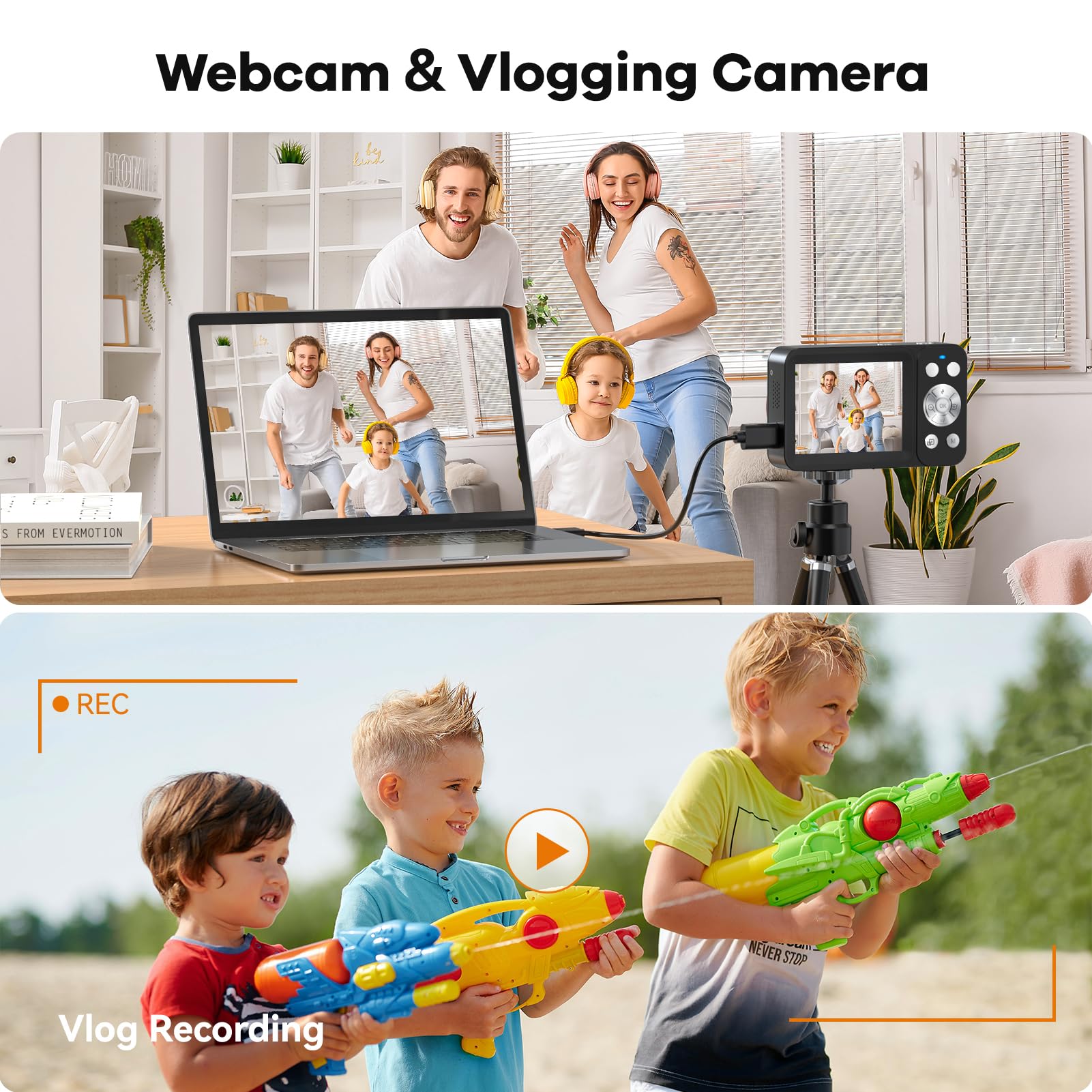 Deatti Digital Camera,FHD 4K Camera with Dual Screen 64GB SD Card 2 Batteries,Digital Point and Shoot Camera,18X Zoom,Anti Shake Portable Rechargeable for Boys Girls Kids,White
