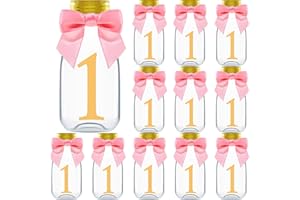 Ethisa 12 Pack 1st Birthday Party Favors for Girls - DIY Candy Jars with Ribbons and Stickers - Baby Girl Party Decoration Bottles for First Birthday Bash - Giftable One Year Old Table Centerpieces