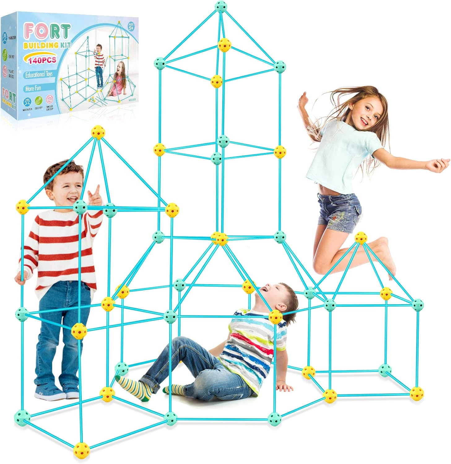 Betheaces Fort Building Kit 140 Pieces - Construction Kids Toys DIY Play Tent Castles Tunnels Tower Building Creative Birthday Kids Toys for 5 6 7 8 9 Year Old Boys Girls: Toys & Games